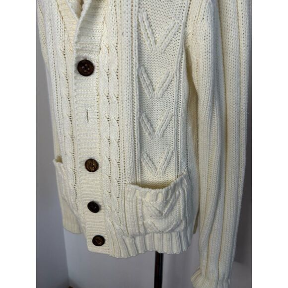 Vintage Sears Button Sweater Cable Knit Cardigan Cream Pockets Cobain M Grunge - Picture 3 of 5